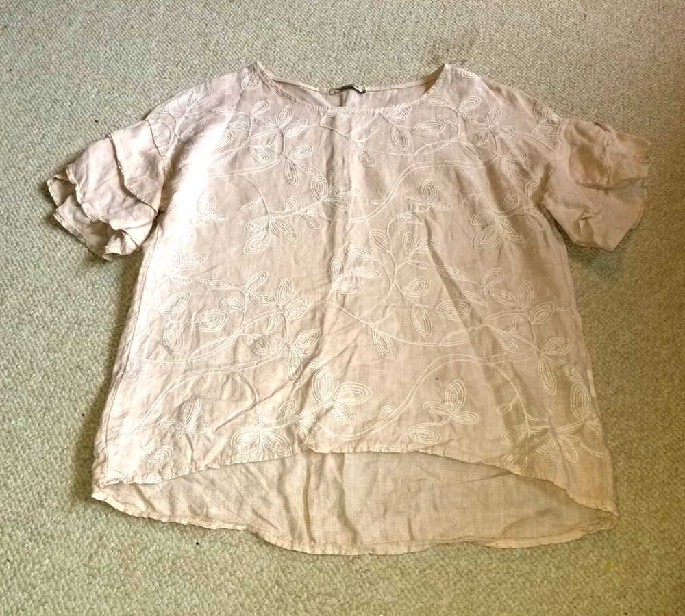 NWOT Womens Top-VALENTINA NALDI-ITALY-lt pink linen embroidered hi-lo tunic-M